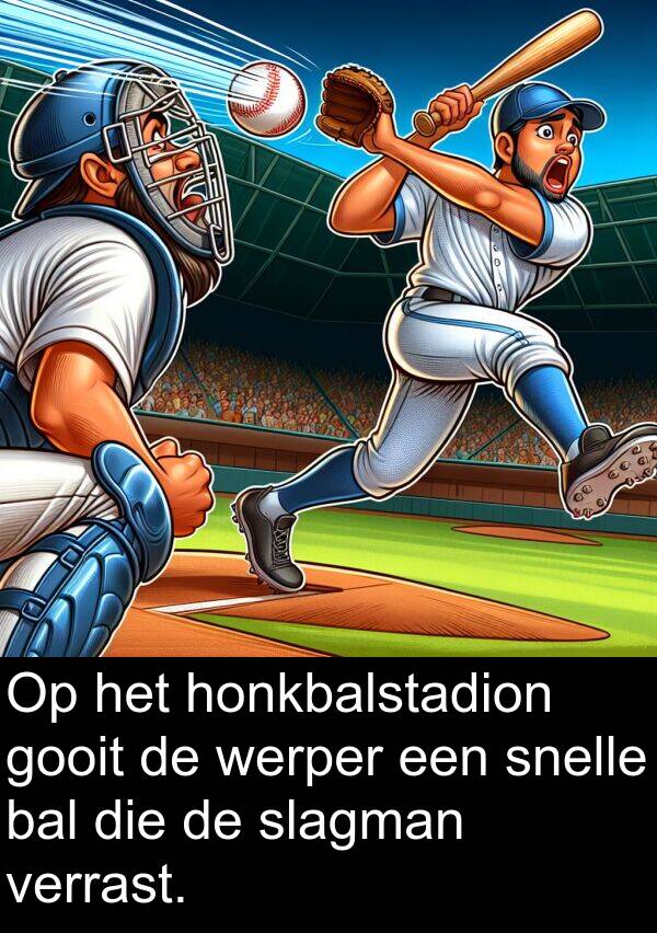gooit: Op het honkbalstadion gooit de werper een snelle bal die de slagman verrast.