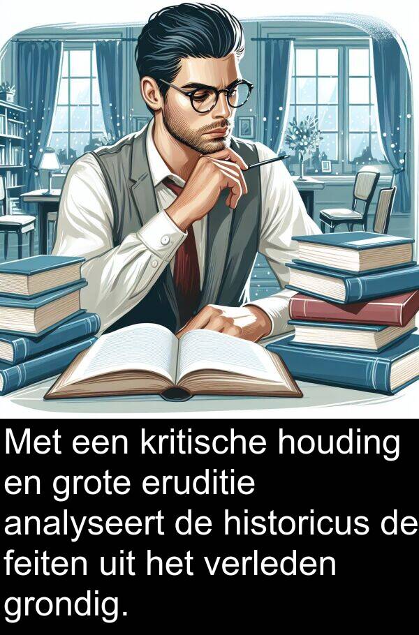 grondig: Met een kritische houding en grote eruditie analyseert de historicus de feiten uit het verleden grondig.