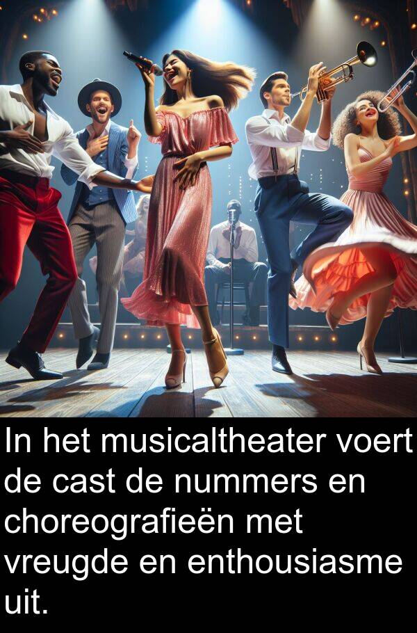 voert: In het musicaltheater voert de cast de nummers en choreografieën met vreugde en enthousiasme uit.