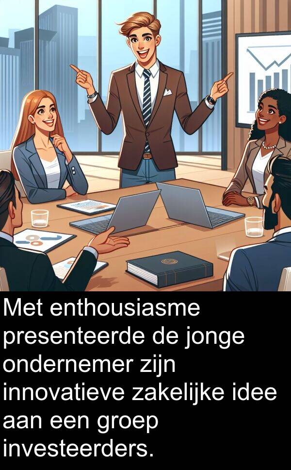 groep: Met enthousiasme presenteerde de jonge ondernemer zijn innovatieve zakelijke idee aan een groep investeerders.
