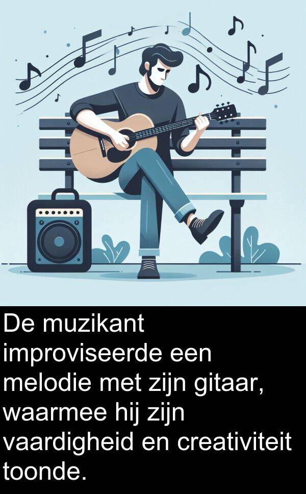 gitaar: De muzikant improviseerde een melodie met zijn gitaar, waarmee hij zijn vaardigheid en creativiteit toonde.