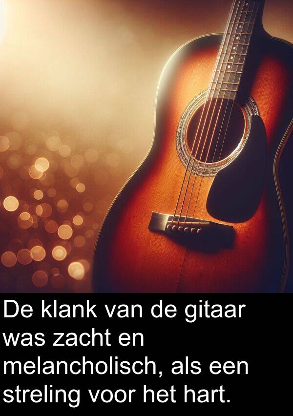 gitaar: De klank van de gitaar was zacht en melancholisch, als een streling voor het hart.