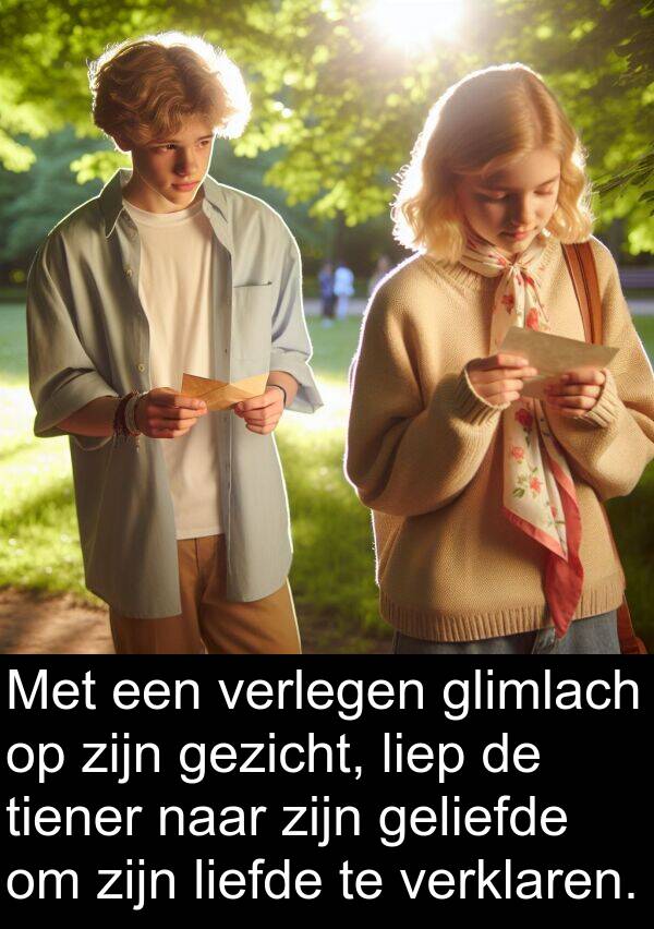 geliefde: Met een verlegen glimlach op zijn gezicht, liep de tiener naar zijn geliefde om zijn liefde te verklaren.