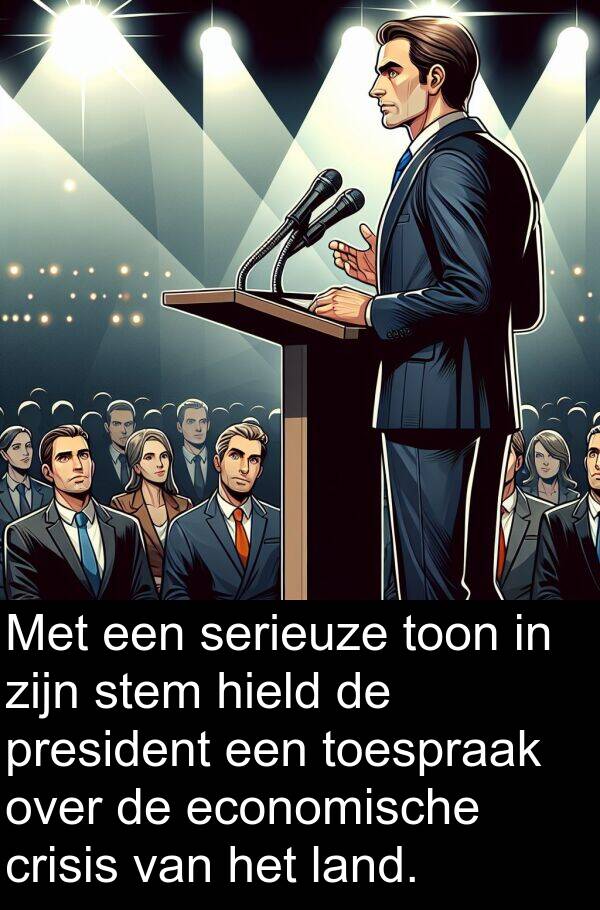 serieuze: Met een serieuze toon in zijn stem hield de president een toespraak over de economische crisis van het land.