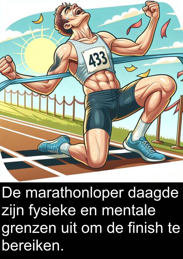 finish: De marathonloper daagde zijn fysieke en mentale grenzen uit om de finish te bereiken.