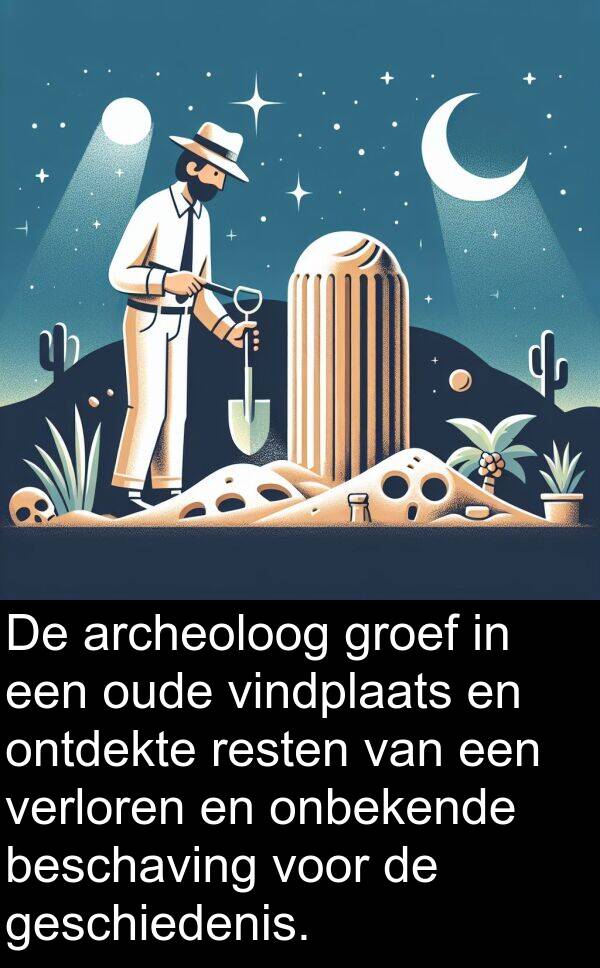 groef: De archeoloog groef in een oude vindplaats en ontdekte resten van een verloren en onbekende beschaving voor de geschiedenis.