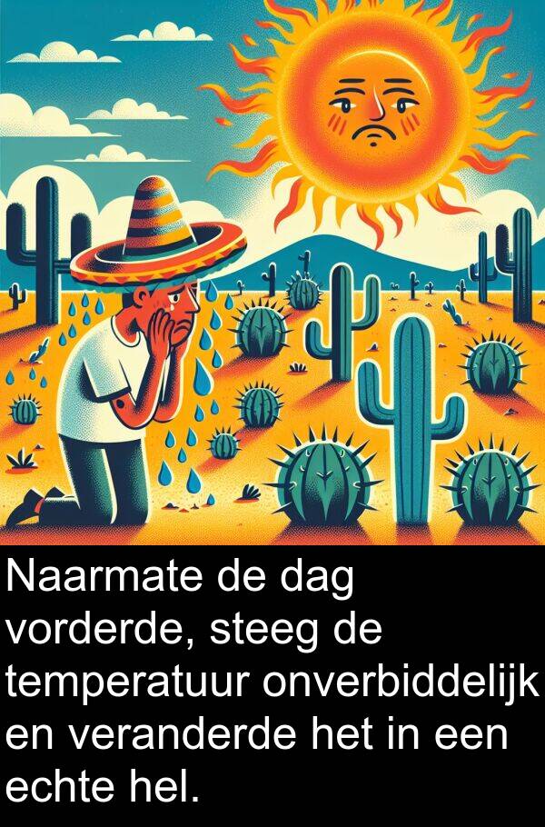 veranderde: Naarmate de dag vorderde, steeg de temperatuur onverbiddelijk en veranderde het in een echte hel.