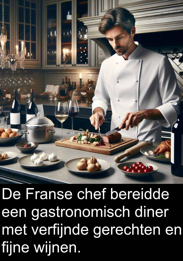 diner: De Franse chef bereidde een gastronomisch diner met verfijnde gerechten en fijne wijnen.