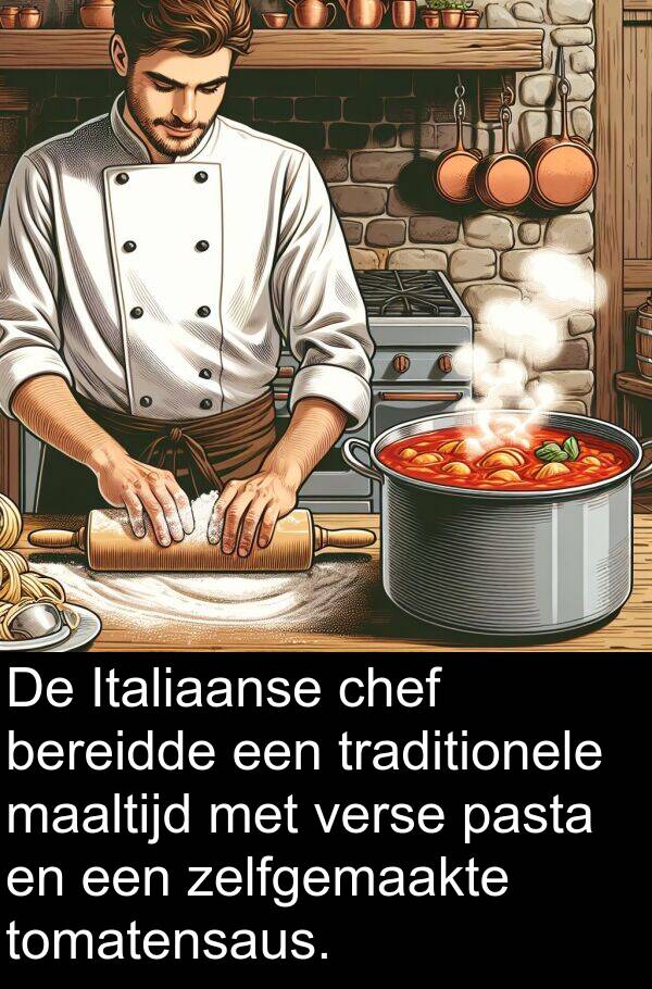 zelfgemaakte: De Italiaanse chef bereidde een traditionele maaltijd met verse pasta en een zelfgemaakte tomatensaus.