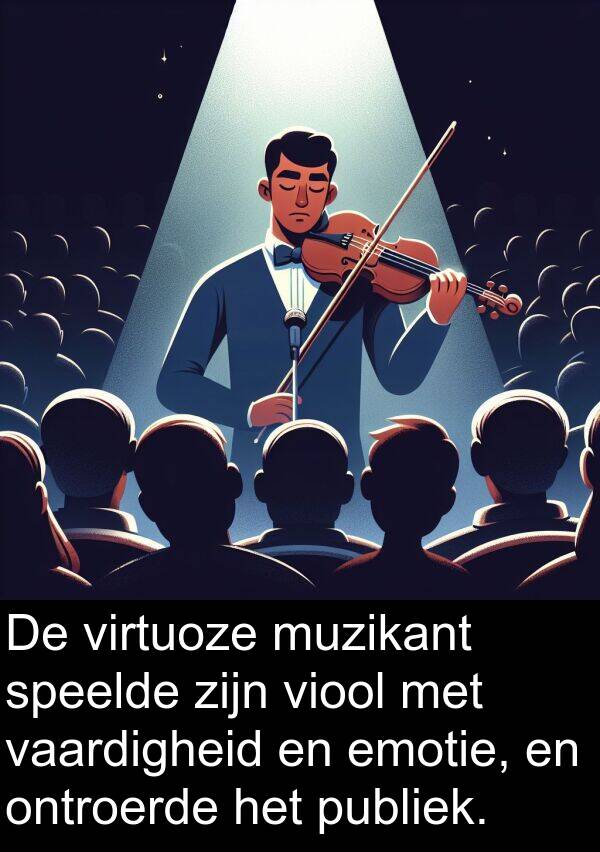 speelde: De virtuoze muzikant speelde zijn viool met vaardigheid en emotie, en ontroerde het publiek.
