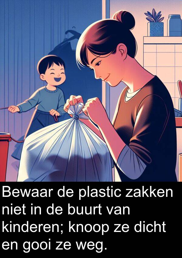 gooi: Bewaar de plastic zakken niet in de buurt van kinderen; knoop ze dicht en gooi ze weg.