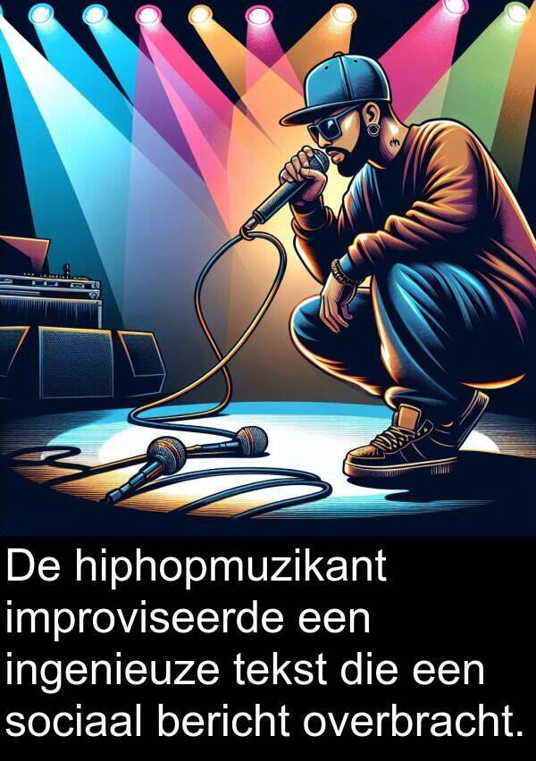 sociaal: De hiphopmuzikant improviseerde een ingenieuze tekst die een sociaal bericht overbracht.