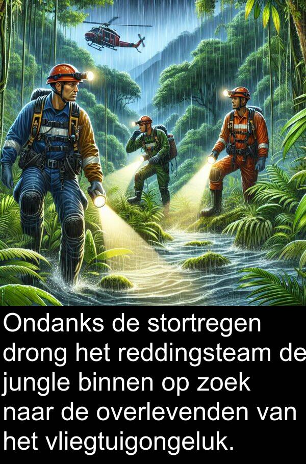 drong: Ondanks de stortregen drong het reddingsteam de jungle binnen op zoek naar de overlevenden van het vliegtuigongeluk.