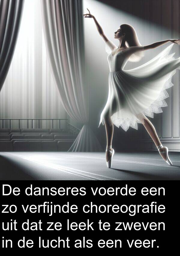 voerde: De danseres voerde een zo verfijnde choreografie uit dat ze leek te zweven in de lucht als een veer.