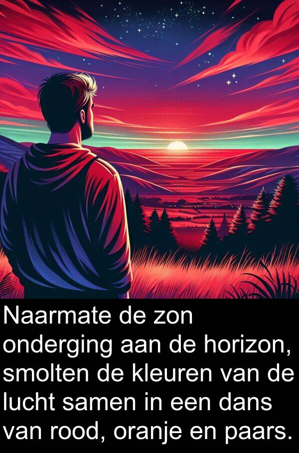 dans: Naarmate de zon onderging aan de horizon, smolten de kleuren van de lucht samen in een dans van rood, oranje en paars.