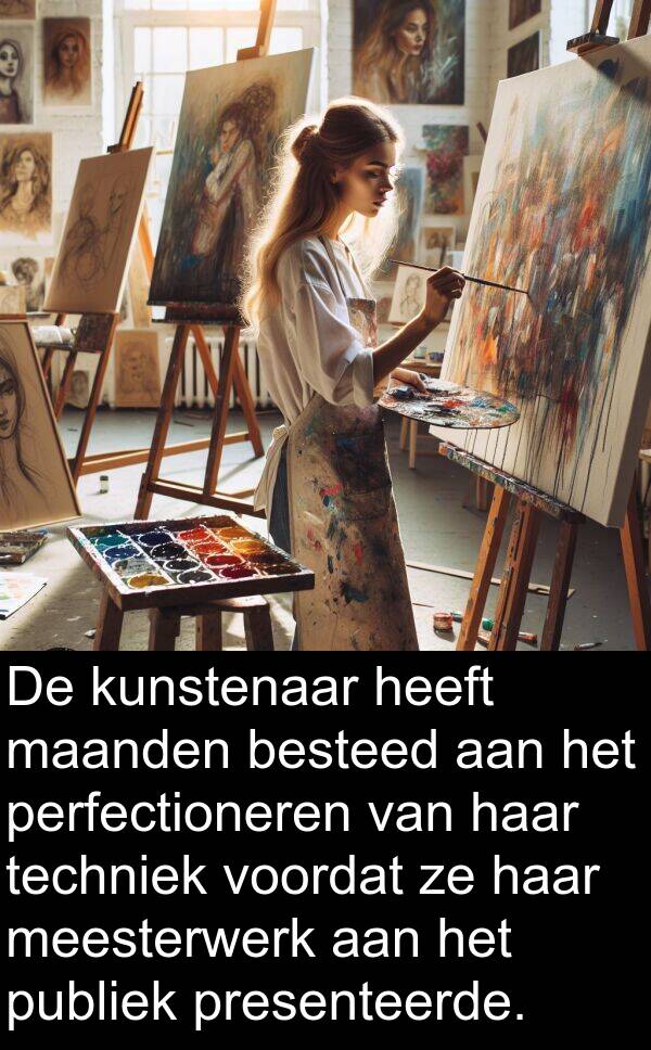 besteed: De kunstenaar heeft maanden besteed aan het perfectioneren van haar techniek voordat ze haar meesterwerk aan het publiek presenteerde.