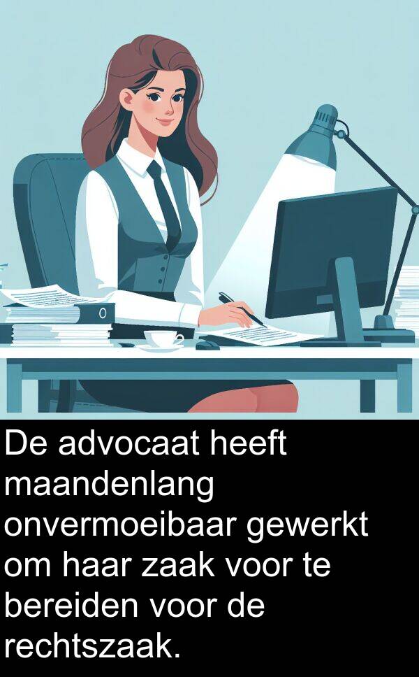gewerkt: De advocaat heeft maandenlang onvermoeibaar gewerkt om haar zaak voor te bereiden voor de rechtszaak.