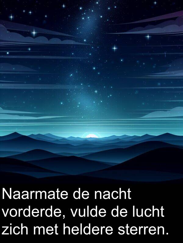 lucht: Naarmate de nacht vorderde, vulde de lucht zich met heldere sterren.