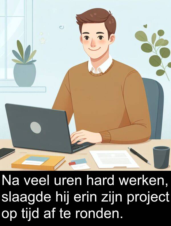 tijd: Na veel uren hard werken, slaagde hij erin zijn project op tijd af te ronden.