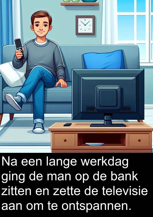 ging: Na een lange werkdag ging de man op de bank zitten en zette de televisie aan om te ontspannen.