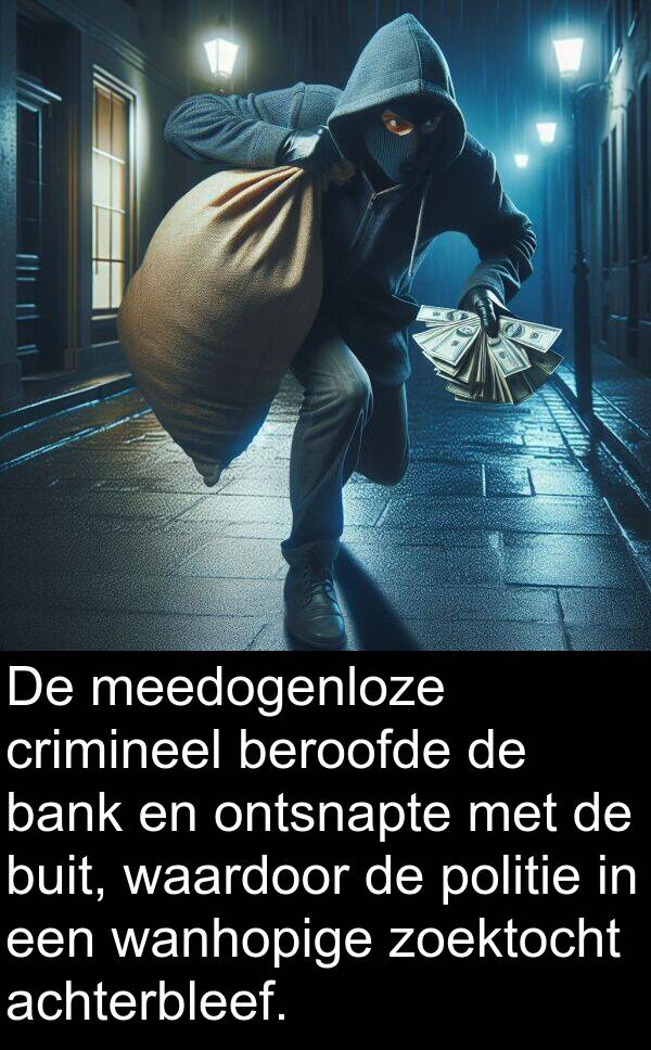zoektocht: De meedogenloze crimineel beroofde de bank en ontsnapte met de buit, waardoor de politie in een wanhopige zoektocht achterbleef.