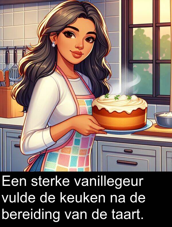 vanillegeur: Een sterke vanillegeur vulde de keuken na de bereiding van de taart.