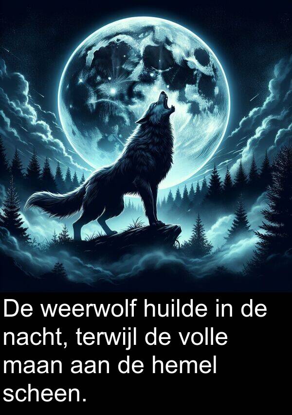 maan: De weerwolf huilde in de nacht, terwijl de volle maan aan de hemel scheen.