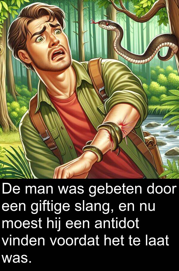 giftige: De man was gebeten door een giftige slang, en nu moest hij een antidot vinden voordat het te laat was.