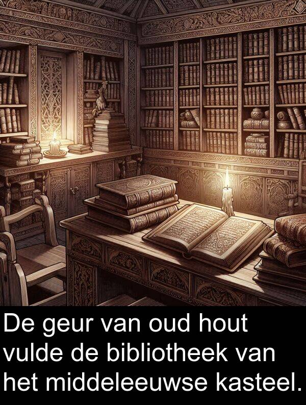 geur: De geur van oud hout vulde de bibliotheek van het middeleeuwse kasteel.