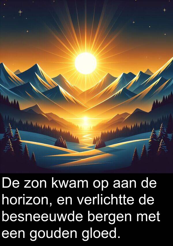gouden: De zon kwam op aan de horizon, en verlichtte de besneeuwde bergen met een gouden gloed.