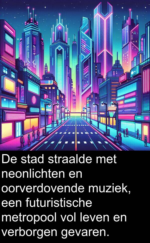 gevaren: De stad straalde met neonlichten en oorverdovende muziek, een futuristische metropool vol leven en verborgen gevaren.