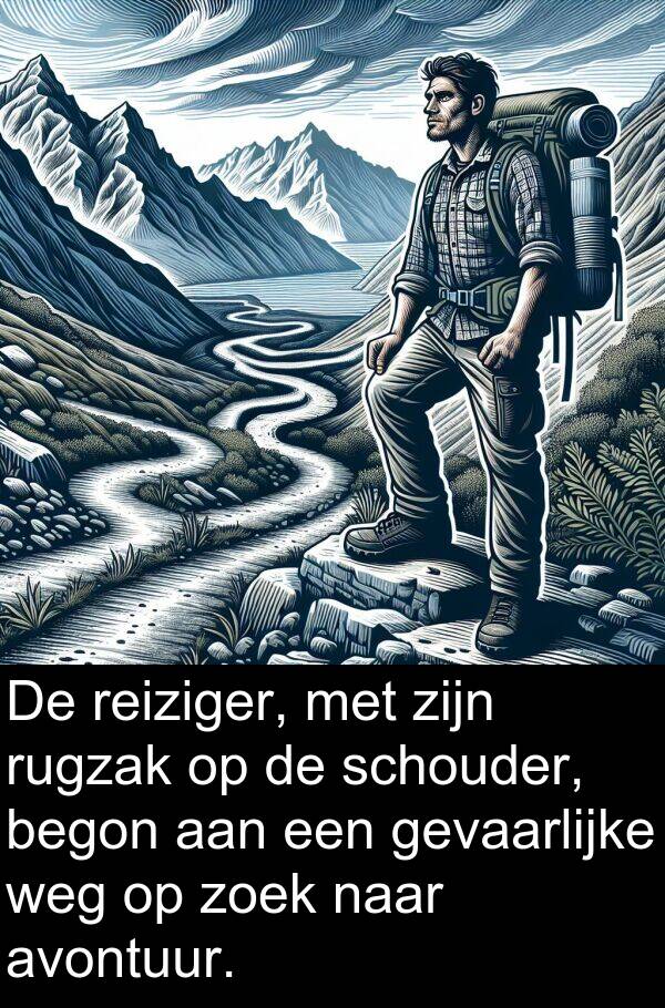 gevaarlijke: De reiziger, met zijn rugzak op de schouder, begon aan een gevaarlijke weg op zoek naar avontuur.