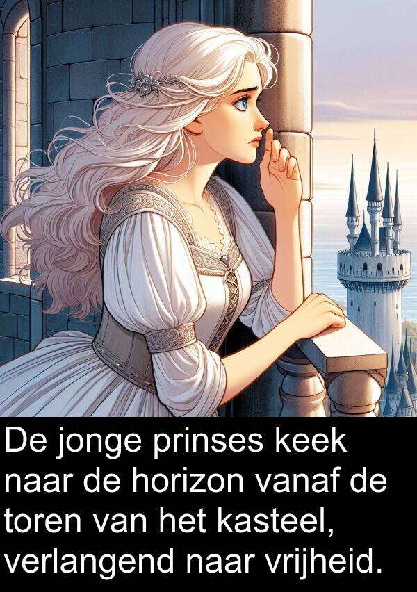 kasteel: De jonge prinses keek naar de horizon vanaf de toren van het kasteel, verlangend naar vrijheid.