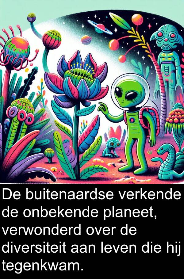 verkende: De buitenaardse verkende de onbekende planeet, verwonderd over de diversiteit aan leven die hij tegenkwam.