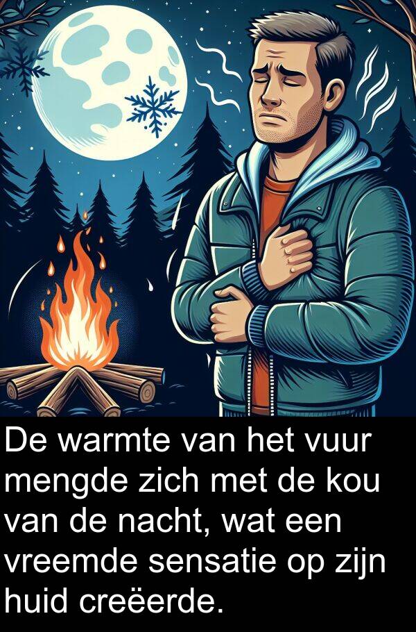 vuur: De warmte van het vuur mengde zich met de kou van de nacht, wat een vreemde sensatie op zijn huid creëerde.