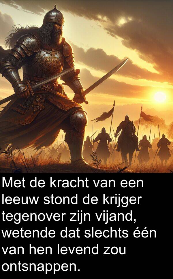 vijand: Met de kracht van een leeuw stond de krijger tegenover zijn vijand, wetende dat slechts één van hen levend zou ontsnappen.