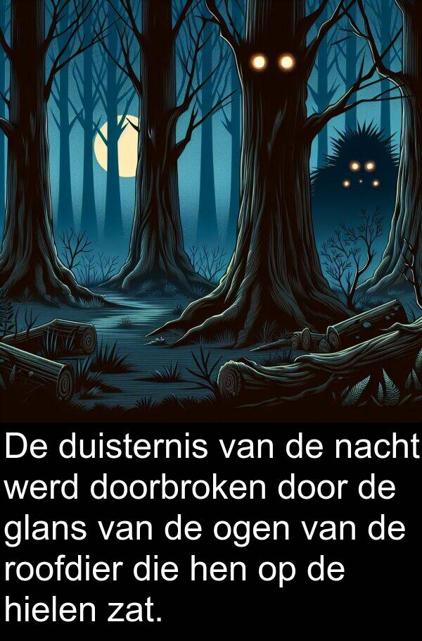 glans: De duisternis van de nacht werd doorbroken door de glans van de ogen van de roofdier die hen op de hielen zat.