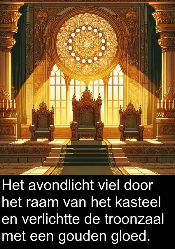gouden: Het avondlicht viel door het raam van het kasteel en verlichtte de troonzaal met een gouden gloed.