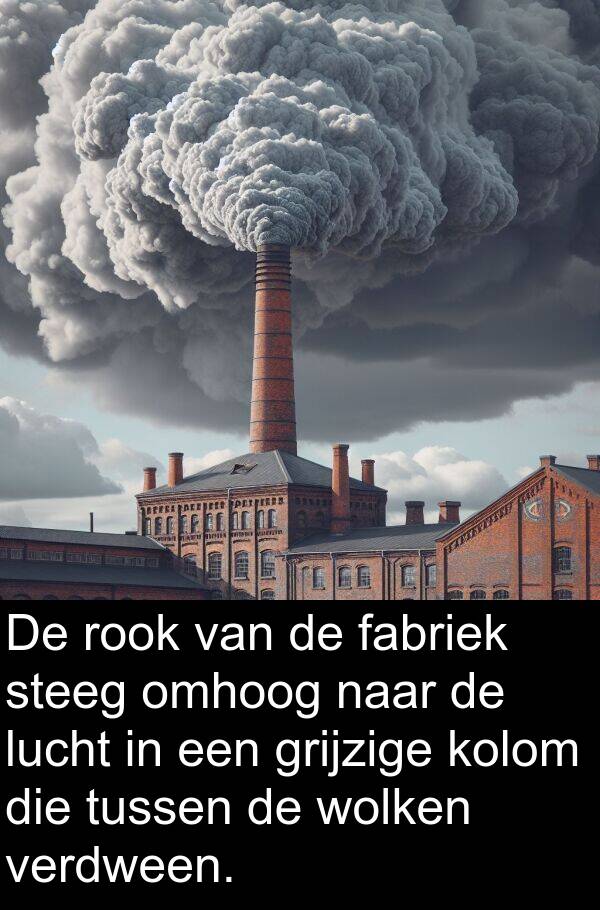 grijzige: De rook van de fabriek steeg omhoog naar de lucht in een grijzige kolom die tussen de wolken verdween.
