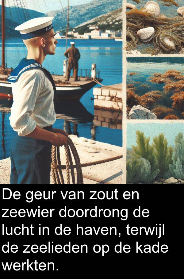geur: De geur van zout en zeewier doordrong de lucht in de haven, terwijl de zeelieden op de kade werkten.