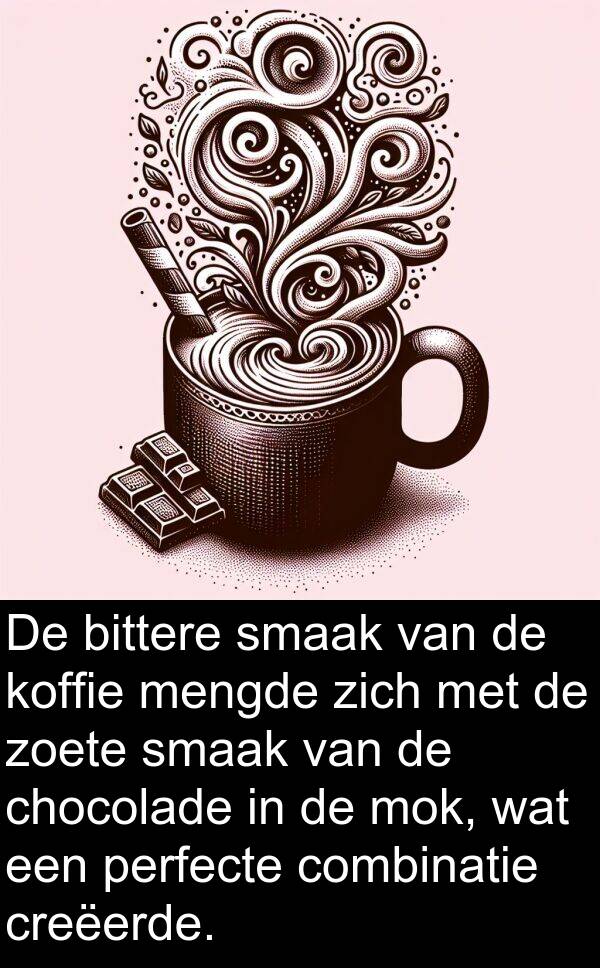 combinatie: De bittere smaak van de koffie mengde zich met de zoete smaak van de chocolade in de mok, wat een perfecte combinatie creëerde.