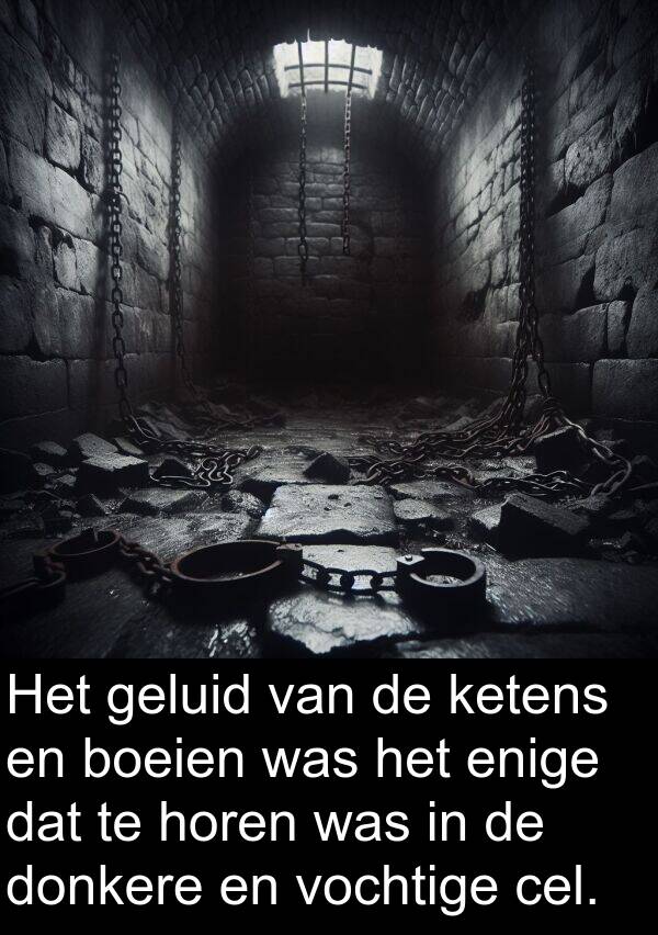 geluid: Het geluid van de ketens en boeien was het enige dat te horen was in de donkere en vochtige cel.