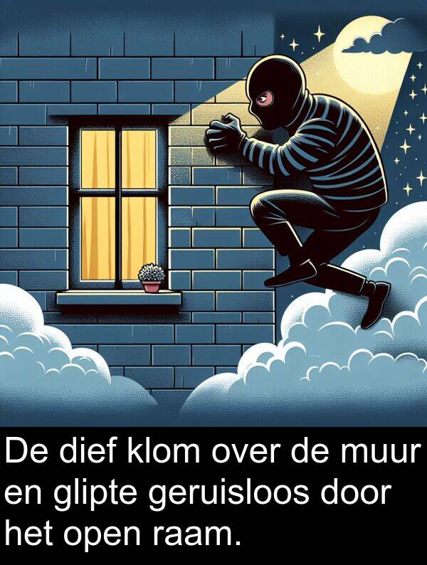 glipte: De dief klom over de muur en glipte geruisloos door het open raam.