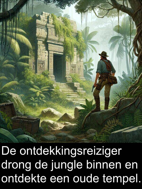 drong: De ontdekkingsreiziger drong de jungle binnen en ontdekte een oude tempel.