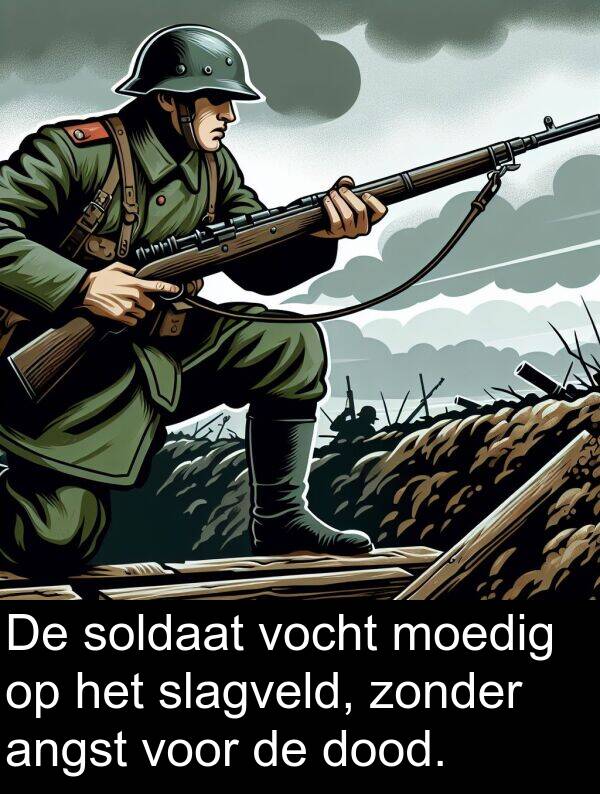 slagveld: De soldaat vocht moedig op het slagveld, zonder angst voor de dood.