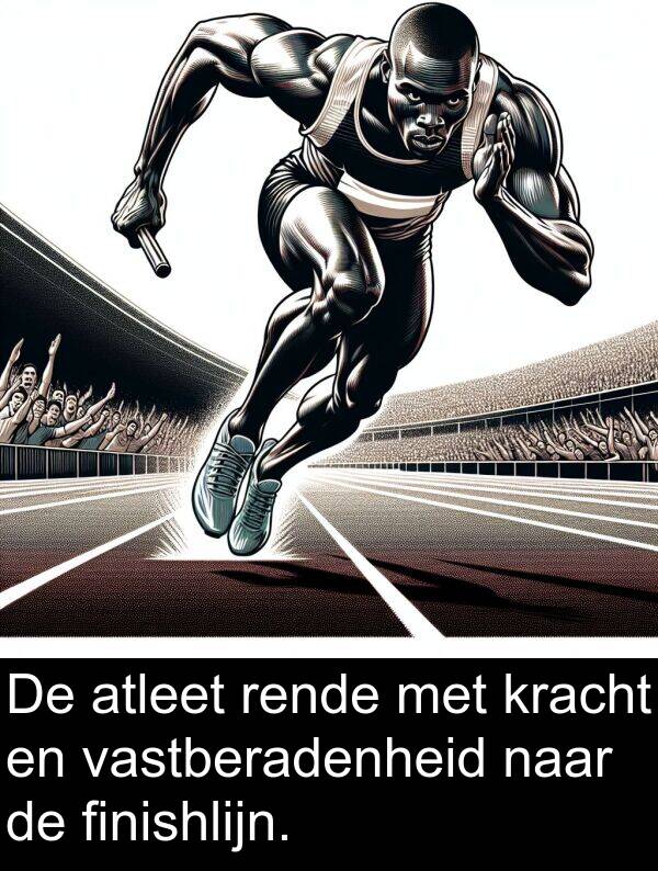 finishlijn: De atleet rende met kracht en vastberadenheid naar de finishlijn.
