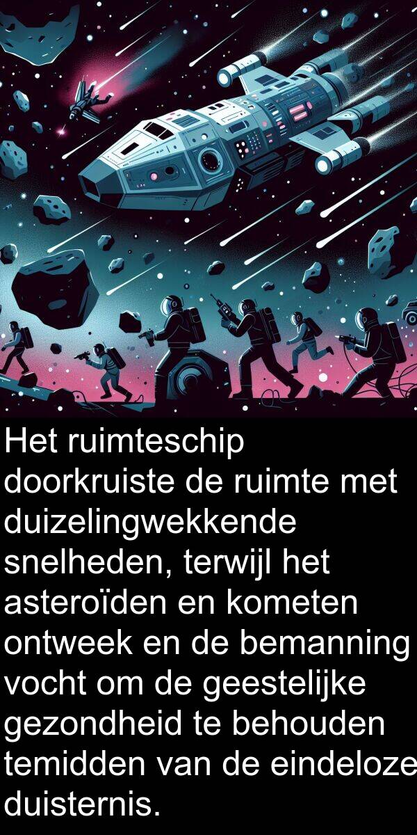 gezondheid: Het ruimteschip doorkruiste de ruimte met duizelingwekkende snelheden, terwijl het asteroïden en kometen ontweek en de bemanning vocht om de geestelijke gezondheid te behouden temidden van de eindeloze duisternis.