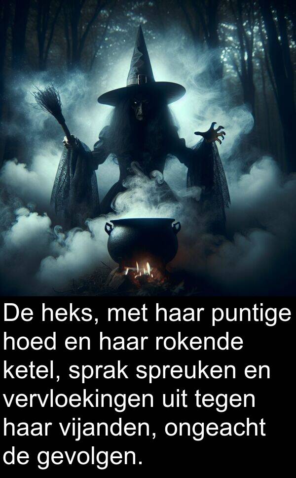 gevolgen: De heks, met haar puntige hoed en haar rokende ketel, sprak spreuken en vervloekingen uit tegen haar vijanden, ongeacht de gevolgen.