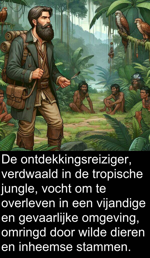 gevaarlijke: De ontdekkingsreiziger, verdwaald in de tropische jungle, vocht om te overleven in een vijandige en gevaarlijke omgeving, omringd door wilde dieren en inheemse stammen.