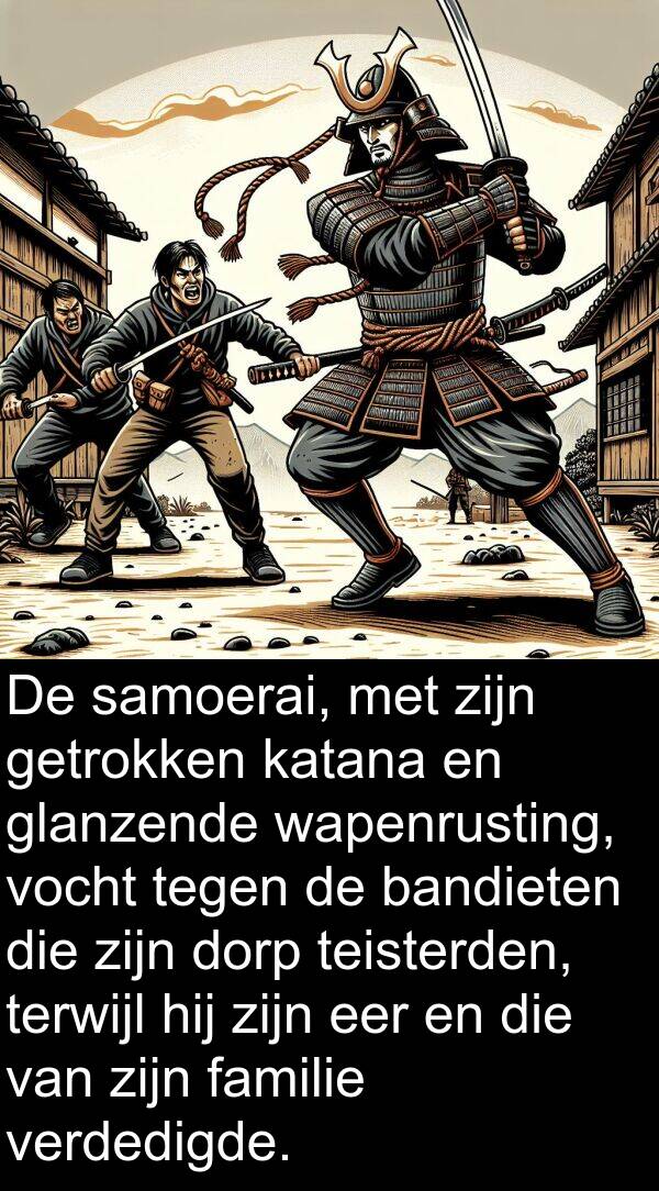 getrokken: De samoerai, met zijn getrokken katana en glanzende wapenrusting, vocht tegen de bandieten die zijn dorp teisterden, terwijl hij zijn eer en die van zijn familie verdedigde.